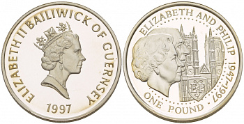Гернси 1 фунт 1997 Елизавета и Филлип, золотая свадьба KM 70 серебро PROOF 1096-5-64