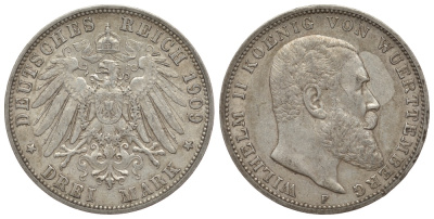 Вюртемберг 3 марки 1909 F, Вильгельм II (1891-1918) Weege 171, J.175, KM 635 серебро 413-1622