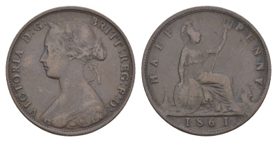 Великобритания 1/2 пенни 1861 Виктория (1837-1901) KM 748, Spink 3956 бронза 4657-622