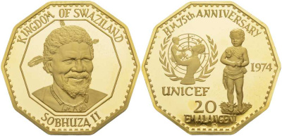 Свазиленд 20 емалангени 1974 75 лет со дня рождения короля Собуза II, UNICEF KM 19 золото PROOF 00-000-00