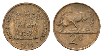 ЮАР 2 цента 1981 герб, антилопа гну KM 83 бронза 4605-1143