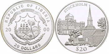 Либерия 20 долларов 2000 серия памятники архитектуры, Стокгольм KM 642 серебро PROOF 06-282-11
