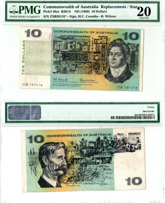 Австралия 10 долларов ND (1966) в холдере компании PMG. Сохранность -20, серия замещения ZFE Фрэнсис Гринуэй, здания. Генри Лоусон, деревня Pick 40 ar бумага 452-3-09