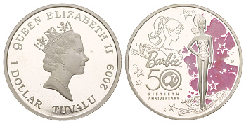 Тувалу 1 доллар 2009 50 лет кукле Барби, в оригинальной коробке KM 80 серебро PROOF 7-5-2-11
