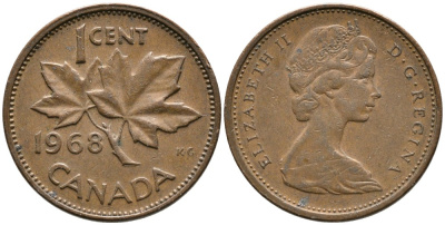 Канада 1 цент 1968 Елизавета II (1952-2022), кленовый лист KM 59.1 бронза 4528-731