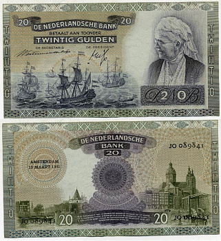 НИДЕРЛАНДЫ 20 ГУЛЬДЕНОВ 1941 АМСТЕРДАМ, 19 МАРТА 1941, КОРОЛЕВА ЭММА Pick 54 бумага aUNC 000-00-00