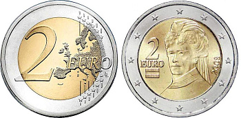Австрия 2 евро 2008 Берта фон Зутнер KM 3143 биметалл UNC M44-20
