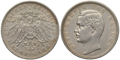 Бавария 5 марок 1913 D, Отто (1886-1913) Weege 47, J. 46, KM 512 серебро 413-6331