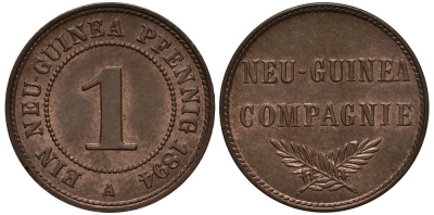 Германская Новая Гвинея 1 пфенниг 1894 А, J. 701, KM 1 медь цинк UNC 00-816-65