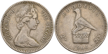 Британская Родезия 2 шиллинга (20 центов) 1964 Елизавета II (1953), головной убор с птицей KM 3 медно-никель 4179-1325
