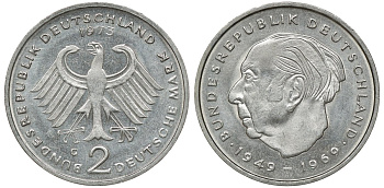 ФРГ 2 марки 1973 G, Теодор Хойс KM 127, J. 407 медно-никель плакированный никелем UNC 4681-946