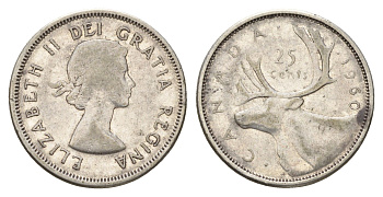 Канада 25 центов 1960 Елизавета II (1952-2022), олень KM 52 серебро 181-354
