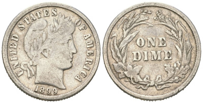 США 10 центов (дайм) 1899 KM 113 серебро 63-354