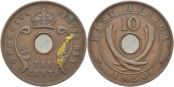 Британская Восточная Африка 10 центов 1950 Георг VI (1936-1952) KM 34 бронза 3333-1213