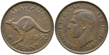 Австралия 1 пенни 1952 m, Георг VI (1937-1952), кенгуру KM 43 бронза 4683-724
