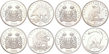 Сьерра-Леоне полный набор из 4 монет (1 доллар) 2006 Динозавры - Стегозавр, Тираннозавр, Трицератопс и Бронтозавр KM 308, 309, 310 и 324 медно-никель BU 00-00