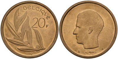 Бельгия 20 франков 1980 Belgique, Бодуэн I (1951-1993) KM 159 никель бронза 4150-826