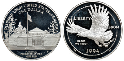 США набор из 3 монет 1 доллару 1994 ветераны, в оригинальной коробке KM 251, 250, 252 серебро	 PROOF 3-6-1-19