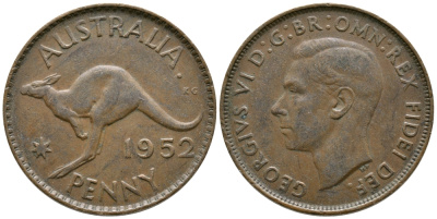 Австралия 1 пенни 1952 m, Георг VI (1937-1952), кенгуру KM 43 бронза 4683-724