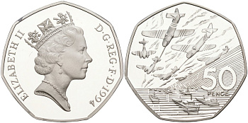 Великобритания 50 пенсов 1994 Елизавета II (1952-2022), 50 лет высадки союзников в Нормандии, день D, в оригинальной коробке, сертификат KM 966a, Spink 4353 серебро  PROOF  00-00