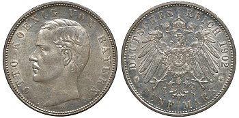 Бавария 5 марок 1902 D, Отто (1886-1913) Weege 47, J. 46, KM 512 серебро 02-203-34