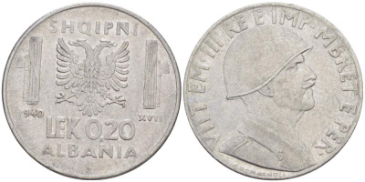 Албания 0,20 лека 1940 R, Итальянская оккупация KM 29 нержавеющая сталь 4523-411