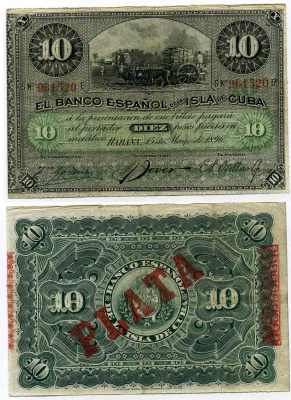 Куба 10 песо 1896 Испанская Администрация, надпечатка PLATA Pick 49 d бумага 7204-30-3