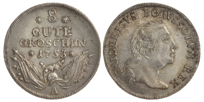 Пруссия 8 гутергрошей 1753 Фридрих II Великий, военная арматура Old. 14, Schr. 209 серебро 00-806-70