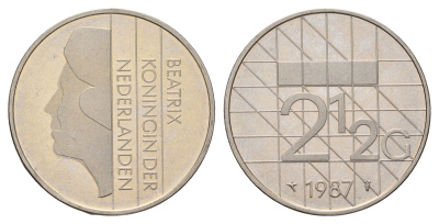 Нидерланды 2 1/2 гульдена 1987 Беатрикс (1980-2013), редкий год KM 206 никель UNC 4367-516