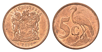 ЮАР 5 центов 2000 герб, райский журавль KM 160 сталь плакированная медью UNC 4687-231