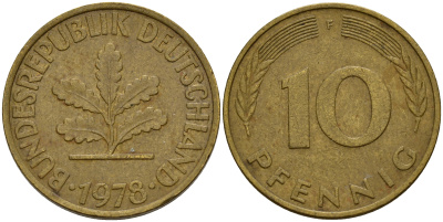 ФРГ 10 пфеннигов 1978 F J. 383, KM 108 сталь плакированная латунью    4603-437