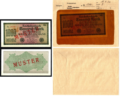Германия 1000 марок 1922 15 сентября, MUSTER, образец, Specimen. В оригинальном банковском конверте. Из коллекции Отто Сейфферта (помощник Ялмара Шахта - министра экономики Германии и президента Рейхсбанка времен третьего рейха) Pick 76 s, Grabowski DEU 8