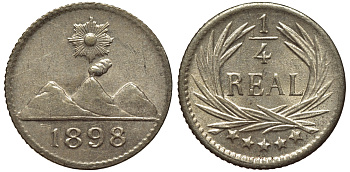 Гватемала 1/4 реала 1898 5 звезд, Испанское правление KM 162 серебро 4532-1242
