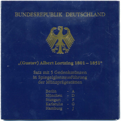 ФРГ набор из 5 штук по 10 марок 2001 A, D, F, G, J,  200 лет со дня рождения Альберта Лорцинга KM 205 серебро PROOF 6-5-2-13