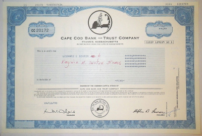 США, Cape Cod Bank and Trust company 5 акций 1993 бумага 8805-62-1
