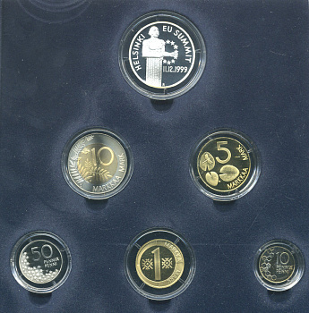 Финляндия набор из 5 монет + медаль 1999 официальный набор, с сертификатом, Саммит в Хельсинки, тираж 3000 экз. PROOF 5-6-2-9