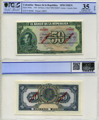 Колумбия 50 песо 1947 образец, Specimen, в слабе PCGS 35 Choice VF Pick 393s бумага 00-00