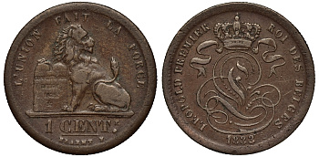 БЕЛЬГИЯ 1 САНТИМ 1833/2 BELGES KM 1.1 медь 02-264-13