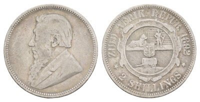 ЮАР 2 шиллинга 1892 ZAR, Трансвааль, Крюгер KM 6 серебро 1518-624