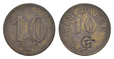 Германия игровой жетон в 10 пфеннигов ND с отметкой CF латунь 4636-1256
