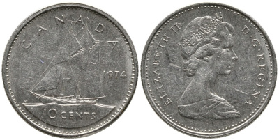 КАНАДА 10 ЦЕНТОВ 1974 ЕЛИЗАВЕТА II (1952-), ПАРУСНИК, ВТОРОЙ ПОРТРЕТ В КОРОНЕ KM 77.1 никель 4532-818
