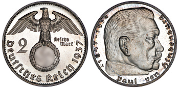 Германия 2 рейхсмарки 1937 А, Берлин, Гинденбург J. 366, KM 93 серебро PROOF 00-000-00