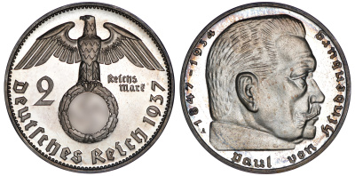 Германия 2 рейхсмарки 1937 А, Берлин, Гинденбург J. 366, KM 93 серебро PROOF 00-000-00