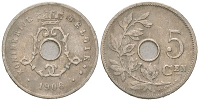 Бельгия 5 сантимов 1906 BELGI?, Леопольд II (1865-1909) KM 47 медно-никель 4617-623