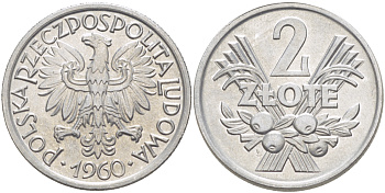 Польша 2 злотых 1960 MW KM 46, Parchimowicz 216c алюминий UNC 4185-1034