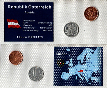Австрия набор из 2 монет (10 грошей и 2 евроцента) 1981 и 2002 в красочной упаковке с информацией о стране KM 2878 и 3083 UNC 3-4-1-08