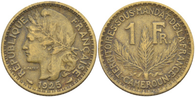 Французский Камерун 1 франк 1925 (а), монетный двор Париж KM 2 алюминиевая бронза 51-214