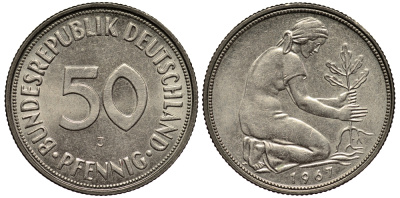 ФРГ 50 ПФЕННИГОВ 1967 J KM 109.1, J. 384 медно-никель UNC 4127-712