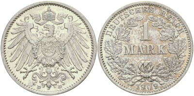 Германия 1 марка 1909 D Weege 18, J. 17, KM 14 серебро aUNC 65-227
