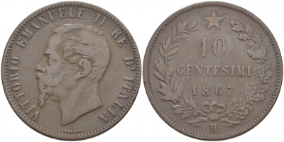 Италия 10 чентезимо 1867 H, Виктор Эммануил II (1861-1878) KM 11.3 медь 4545-232